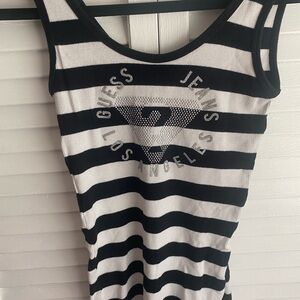 SOLD @DEPOP Guess Black and White Striped Top with Silver Accents